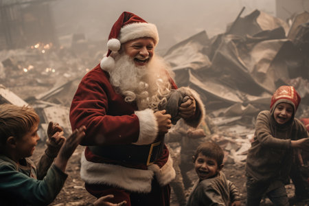 Santa Claus giving christmas gift to children in the city with comelinessの素材