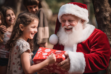 Santa Claus giving christmas gift to children in the city with comelinessの素材