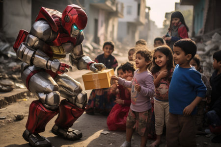 Santa Claus giving christmas gift to children in the city with comelinessの素材