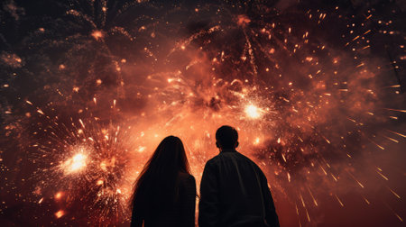 Happy people looking up to the sky with firework in new year 2024 night celebrate happy new year festival 2024 comeliness.の素材