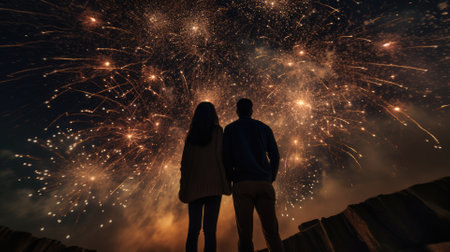 Happy people looking up to the sky with firework in new year 2024 night celebrate happy new year festival 2024 comeliness.の素材