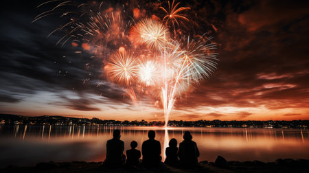 Firework explosion in the night sky celebrating happy new year 2024 . National firework shooting in the beautiful sky for a new year day of year 2024 .の素材