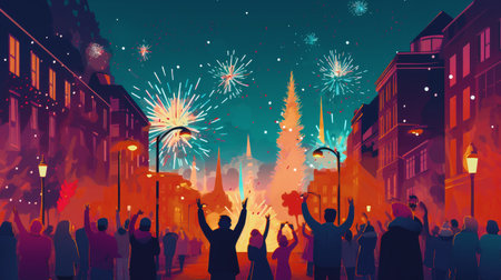 Firework explosion in the night sky celebrating happy new year 2024 . National firework shooting in the beautiful sky for a new year day of year 2024 .の素材