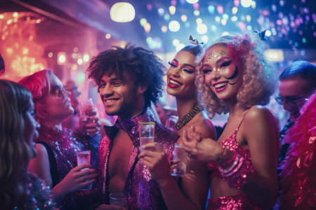 A cheerful group of friends enjoy new year party at nightclub People are drinking, dancing and having a good time at the party comeliness.の素材