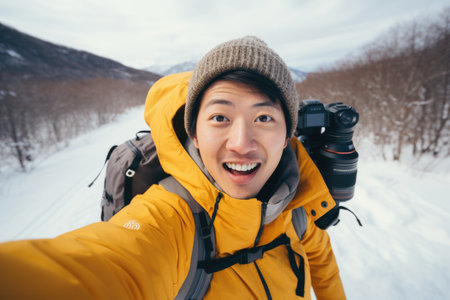 Traveler influencer taking selfie during travel in winter season backpack on alps mountain comelinessの素材