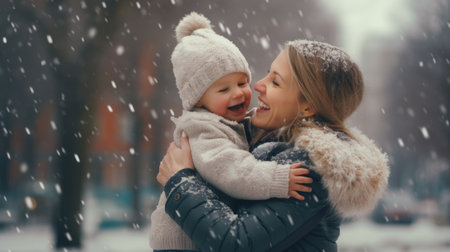 Happy family having fun while travel outdoor in winter enjoying time together comelinessの素材