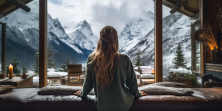 Traveler enjoying weekends inside contemporary barn house in the mountains. Happy tourist looking through panoramic windows in new cottage. comelinessの素材