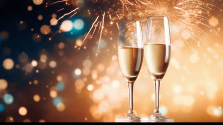 New Years celebration with fireworks and champagne glasses at night comelinessの素材