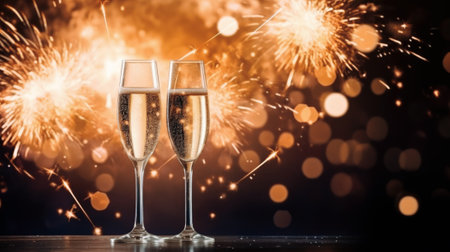 New Years celebration with fireworks and champagne glasses at night comelinessの素材