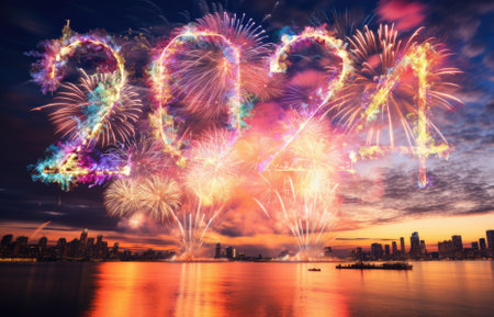 Firework explosion in the night sky celebrating happy new year 2024 . National firework shooting in the beautiful sky for a new year day of year 2024 .の素材
