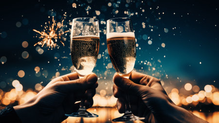 New Years celebration with fireworks and champagne glasses at night comelinessの素材