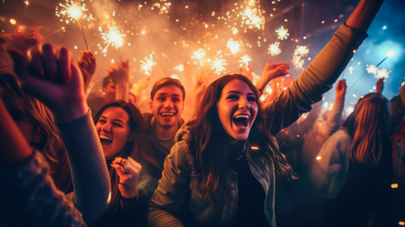 A cheerful group of friends enjoy new year party at nightclub People are drinking, dancing and having a good time at the party comeliness.の素材