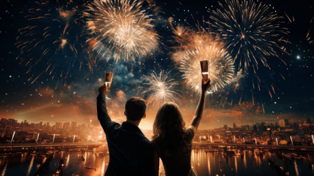 New Years celebration with fireworks and champagne glasses at night comelinessの素材