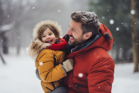 Happy family having fun while travel outdoor in winter enjoying time together comelinessの素材