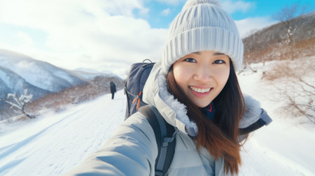 Traveler influencer taking selfie during travel in winter season backpack on alps mountain comelinessの素材