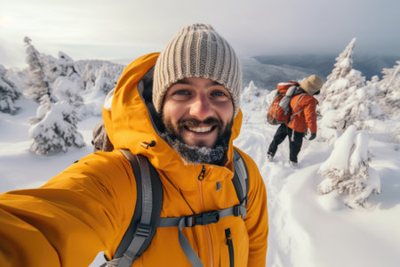 Traveler influencer taking selfie during travel in winter season backpack on alps mountain comelinessの素材