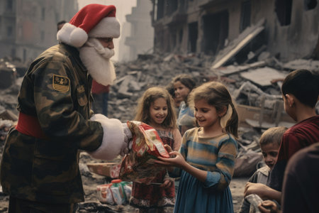 Santa Claus giving christmas gift to children in the city with comelinessの素材