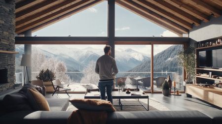 Traveler enjoying weekends inside contemporary barn house in the mountains. Happy tourist looking through panoramic windows in new cottage. comelinessの素材