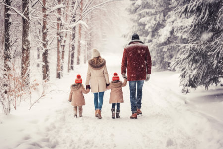 Happy family Father, mother and children are having fun and playing on snowy winter walk in nature. comelinessの素材
