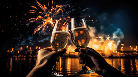 New Years celebration with fireworks and champagne glasses at night comelinessの素材
