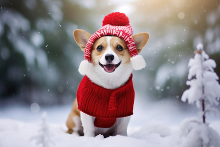 Cute happy dog in winter landscape and christmas time comelinessの素材