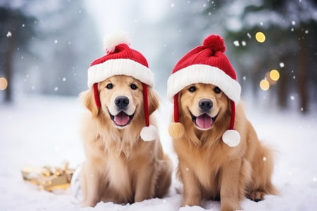 Cute happy dog in winter landscape and christmas time comelinessの素材