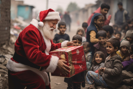 Santa Claus giving christmas gift to children in the city with comelinessの素材