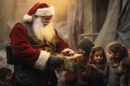 Santa Claus giving christmas gift to children in the city with comelinessの素材