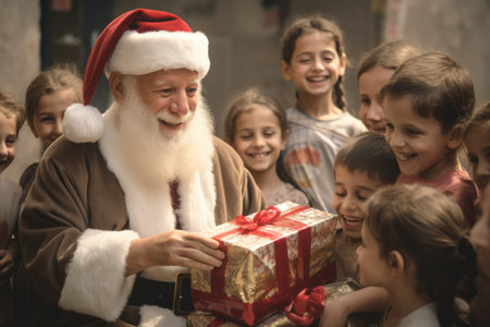 Santa Claus giving christmas gift to children in the city with comelinessの素材