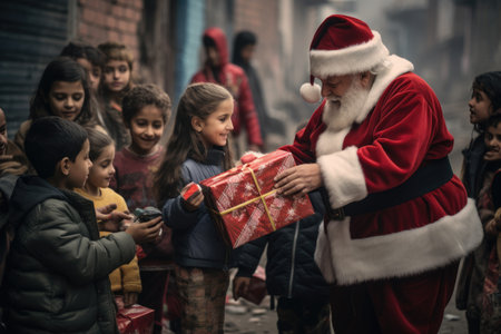 Santa Claus giving christmas gift to children in the city with comelinessの素材