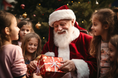 Santa Claus giving christmas gift to children in the city with comelinessの素材