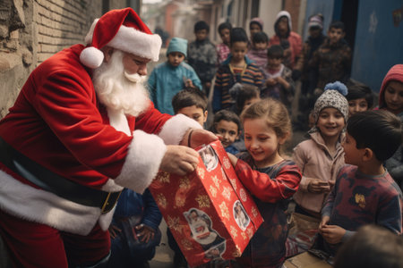 Santa Claus giving christmas gift to children in the city with comelinessの素材