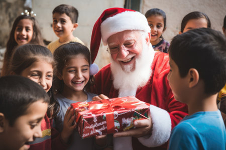 Santa Claus giving christmas gift to children in the city with comelinessの素材