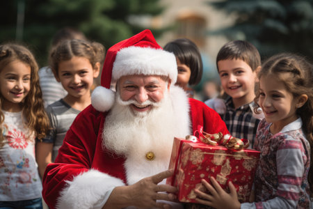 Santa Claus giving christmas gift to children in the city with comelinessの素材
