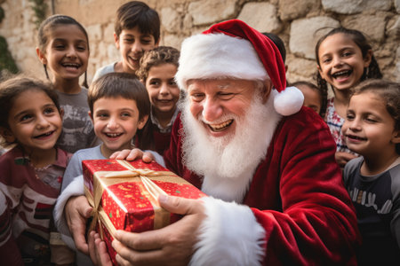 Santa Claus giving christmas gift to children in the city with comelinessの素材