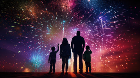 Happy people looking up to the sky with firework in new year 2024 night celebrate happy new year festival 2024 comeliness.の素材