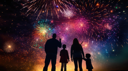 Happy people looking up to the sky with firework in new year 2024 night celebrate happy new year festival 2024 comeliness.の素材