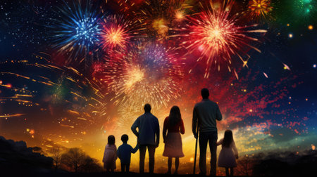 Happy people looking up to the sky with firework in new year 2024 night celebrate happy new year festival 2024 comeliness.の素材