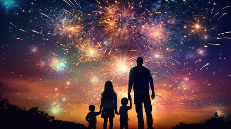 Happy people looking up to the sky with firework in new year 2024 night celebrate happy new year festival 2024 comeliness.の素材