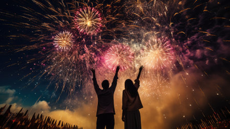 Happy people looking up to the sky with firework in new year 2024 night celebrate happy new year festival 2024 comeliness.の素材