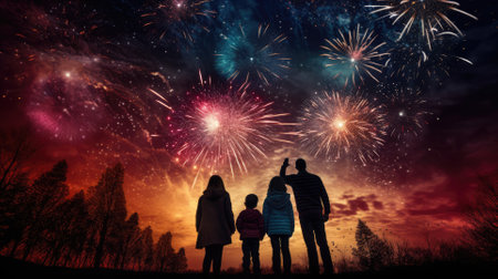 Happy people looking up to the sky with firework in new year 2024 night celebrate happy new year festival 2024 comeliness.の素材