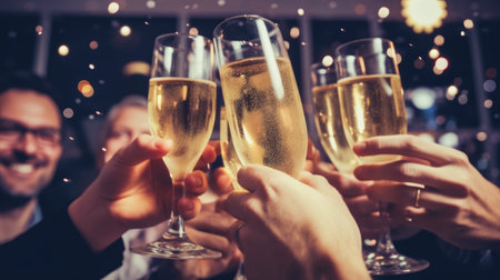 Friends celebrating Christmas or New Year eve party comelinessの素材