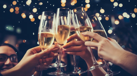 Friends celebrating Christmas or New Year eve party comelinessの素材