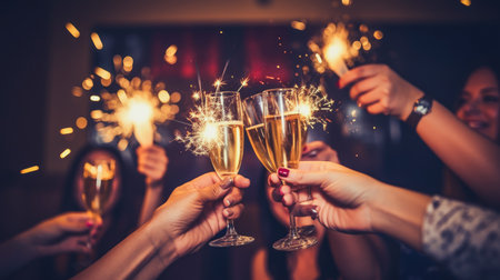 Friends celebrating Christmas or New Year eve party comelinessの素材