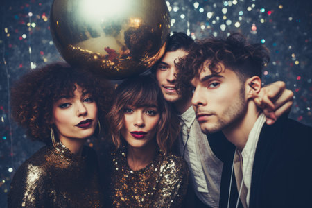 A cheerful group of friends enjoy new year party at nightclub People are drinking, dancing and having a good time at the party comeliness.の素材