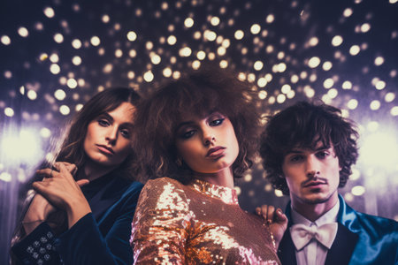 A cheerful group of friends enjoy new year party at nightclub People are drinking, dancing and having a good time at the party comeliness.の素材