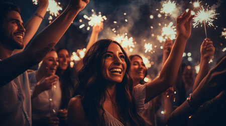A cheerful group of friends enjoy new year party at nightclub People are drinking, dancing and having a good time at the party comeliness.の素材