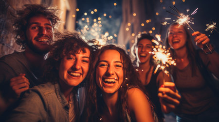 A cheerful group of friends enjoy new year party at nightclub People are drinking, dancing and having a good time at the party comeliness.の素材