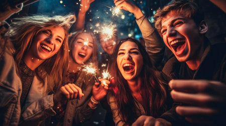 A cheerful group of friends enjoy new year party at nightclub People are drinking, dancing and having a good time at the party comeliness.の素材