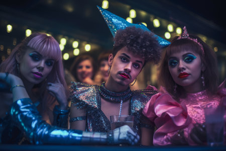 A cheerful group of friends enjoy new year party at nightclub People are drinking, dancing and having a good time at the party comeliness.の素材